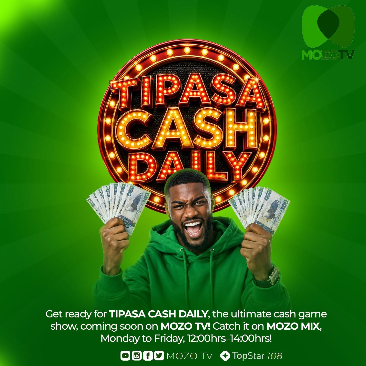 Tipasa Cash Daily, Mozo TV’s cash game show, airing weekdays from 12:00 to 14:00 CAT inside Mozo Mix